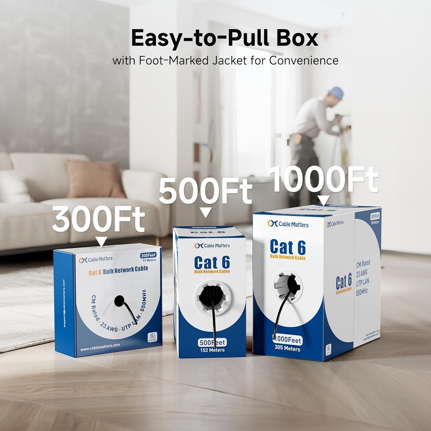 Cable Matters [UL Listed] 10Gbps in-Wall Riser Rated (CMR) 23AWG Bare Copper Cat6 Ethernet Cable - 300ft, Cat 6 Ethernet Cable Spool, Cat 6 Cord Bulk, White