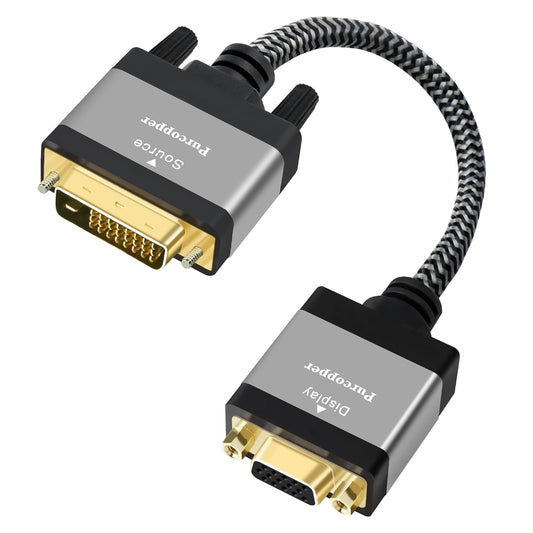 Active Digital Signal DVI to VGA Cable Adapter, DVI-D 24+1 (24+5) Male (Source) to VGA Female (Screen) Braided Cord Converter Connector for Monitor, PC, TV, Raspberry Pi, Desktop, Laptop, Projector