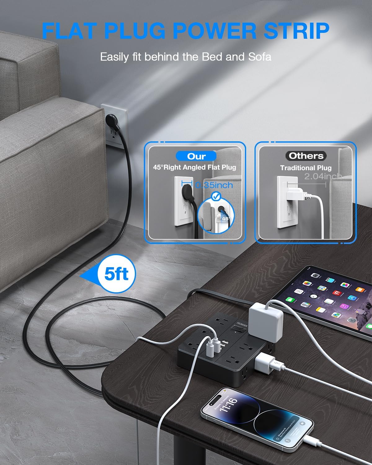 Flat Plug Surge Protector Power Strip, HUNIAN 12 Widely Spaced Outlets with 6 USB Charger (2 USB C Ports), 10 Ft Extension Cord Desk Charging Station for Home Office Supplies, Dorm Room, Black