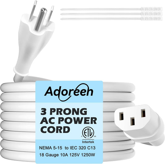 Adoreen 2 Ft Computer TV Replacement Power Cord White, 18AWG 3-Prong AC Universal Power Supply Cable NEMA 5-15P to IEC 320 C13 for Printer, PC, Monitor TV LCD, ETL+Ties