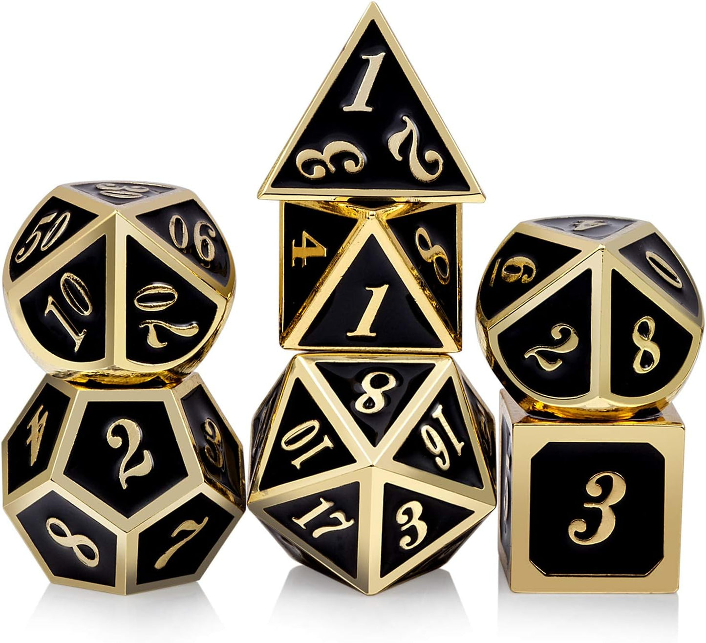 DNDND Metal Dice Set D&D, 7 die Metallic Polyhedral Dice Set with Gift Metal Box and Gold Number for DND Dungeons and Dragons Role Playing Games (Black and Gold)