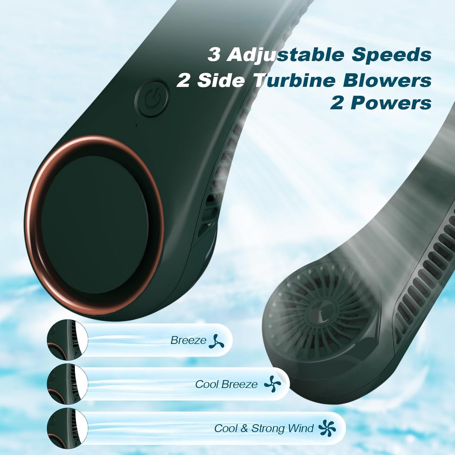 CIVPOWER Neck Fan: Portable Personal Neck Cooling Rechargeable Bladeless Fan - Hands Free 3 Speed 4000 mAh Battery USB Operated Wearable Headphone Design - for Men Women Outdoor Indoor (Dark Green)