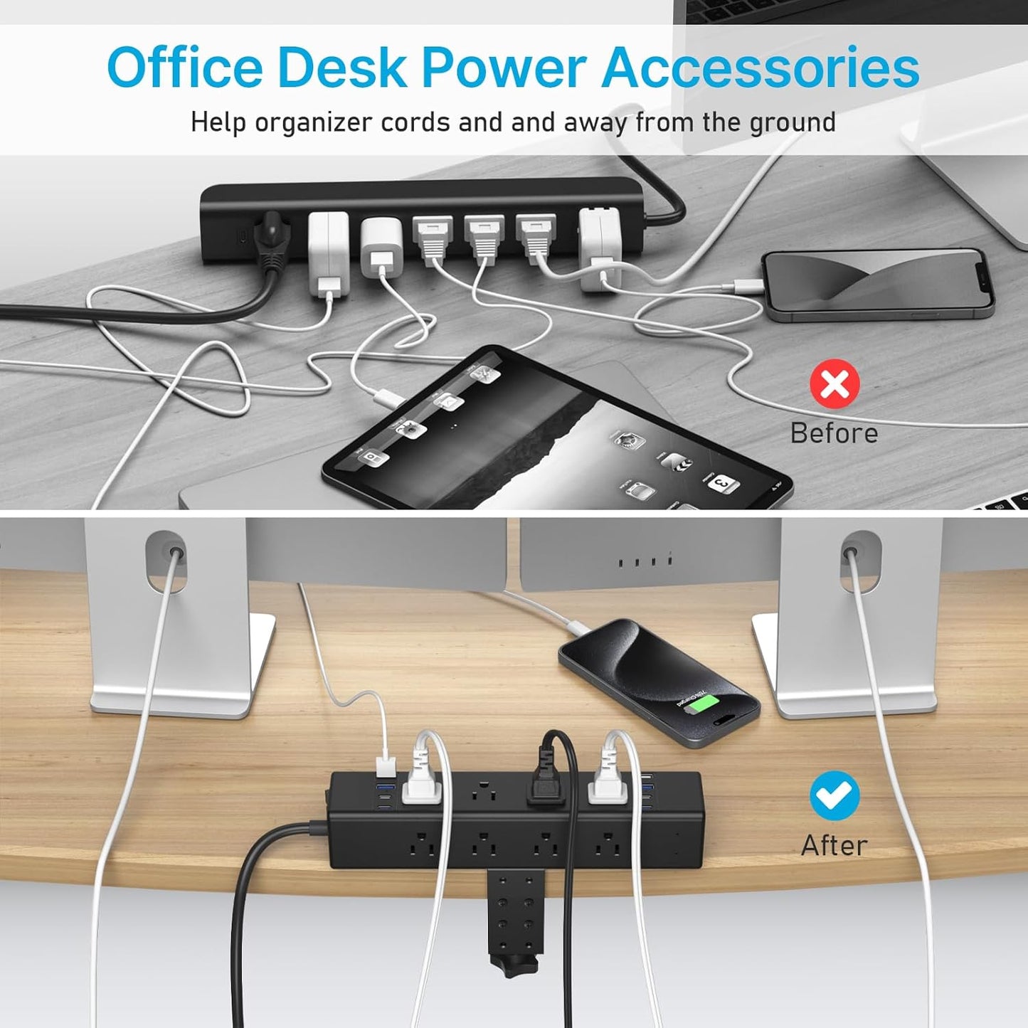 CCCEI Desk Outlet Station 45W USB C Port. 12 Outlet Desktop Clamp Power Strip Surge Protector 4800J with Switch. Nightstand Office Standing Desk Accessories Fit Thicker Table Edge or Screw Mount, 10FT