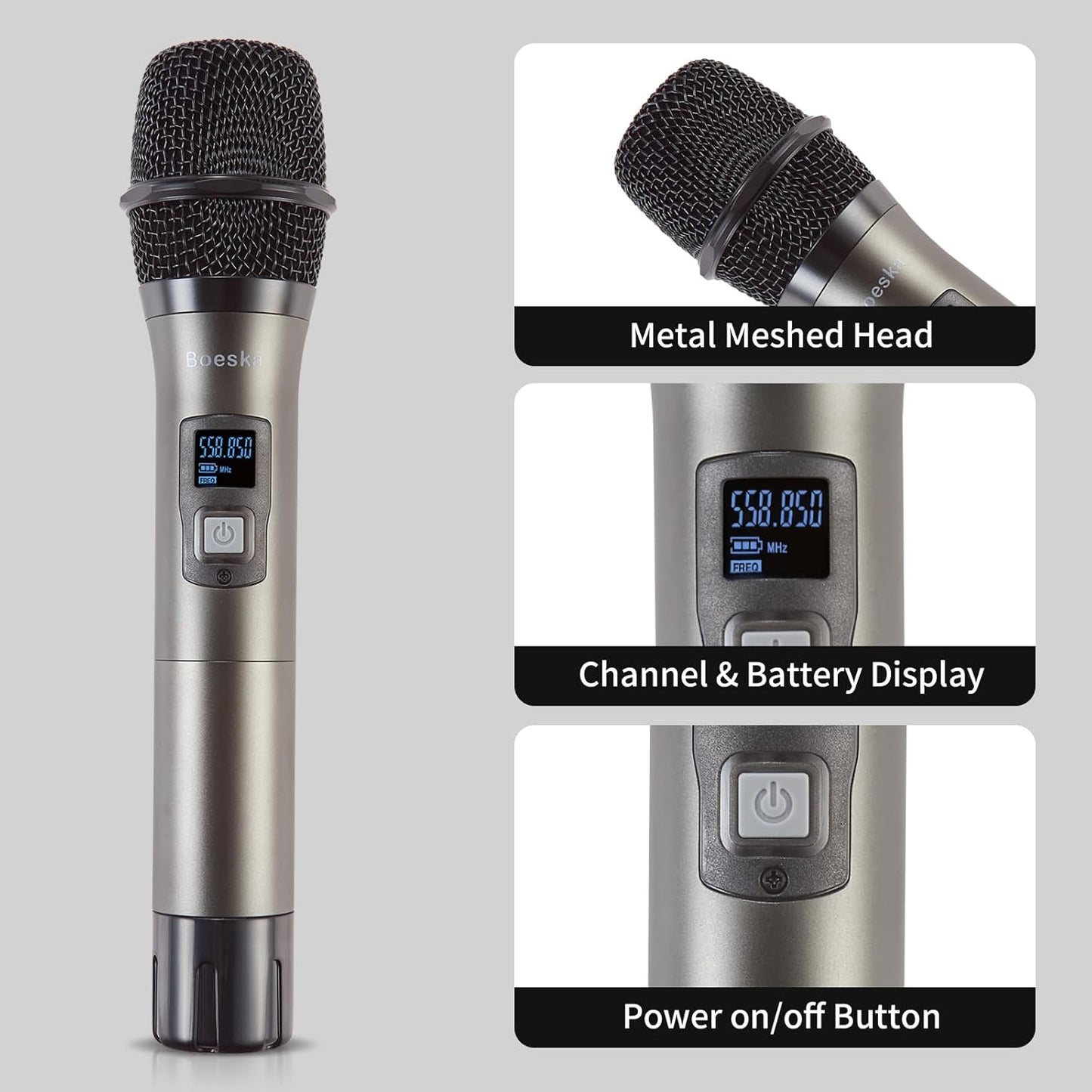 Wireless Microphone System, 4-Channel UHF Wireless Mic, Fixed Frequency Metal Cordless Mic with 4 Handheld Dynamic Microphones, 200ft Range, Mics for Singing, Church (4 Handheld)