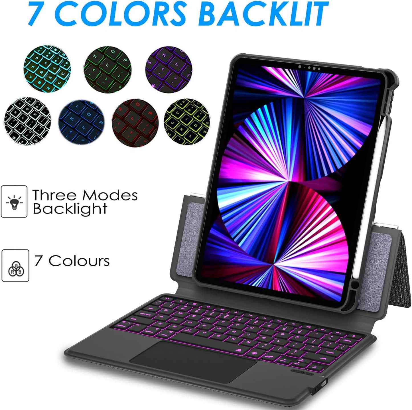 iPad Air 5th Keyboard Case for iPad Air 11 inch (M2) 2024/4th/3rd/2nd/1st Gen -iPad10.9 Air 5 /Air 4 Gen-7 Color Backlight,Touchpad Detachable Slim Cover with Pencil Holder (10.9"/11",Black)