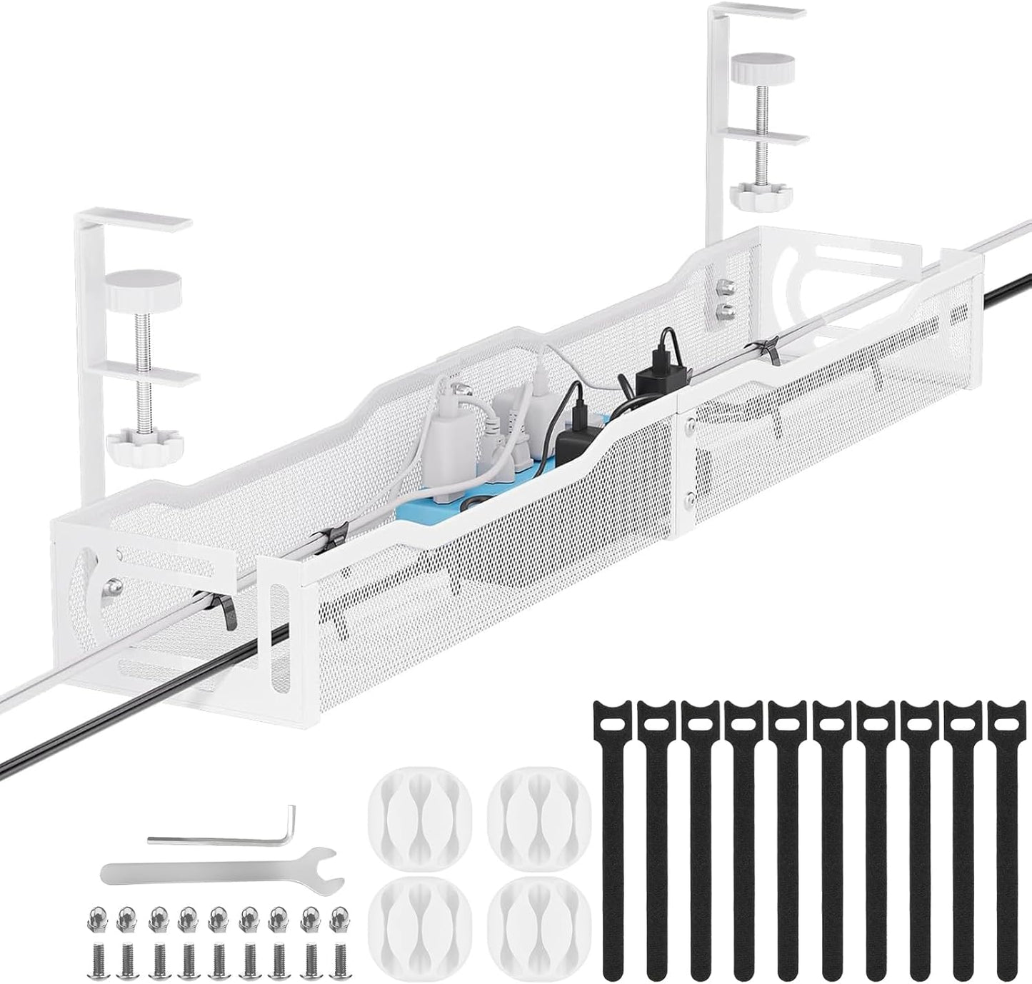 Cable Management, 25'' Cable Management Under Desk No Drill, Metal Cord Organizer with Clamp for Standing Desk, Cable Organizer for Home Office, White