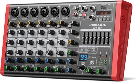 8 Channel Audio Interface Sound Board Mixing Console XLR 1/4 inch Jack USB Bluetooth Echo Delay Effect, Input 48V Phantom Power Stereo DJ Mixers for Podcasting