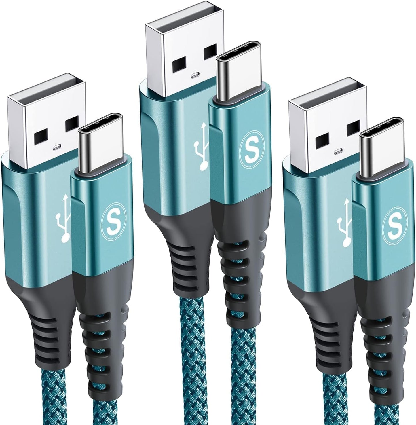 USB C Cable 3.1A Fast Charging [3Pack,10ft+6.6ft+3.3ft], sweguard USB-A to USB-C Charger Nylon Braided Cord for Samsung Galaxy S21 S20 S10 S9 S8 Plus/FE Note 20 10 9 8 7, A71 A51 A32,LG,Moto,PS5-Green