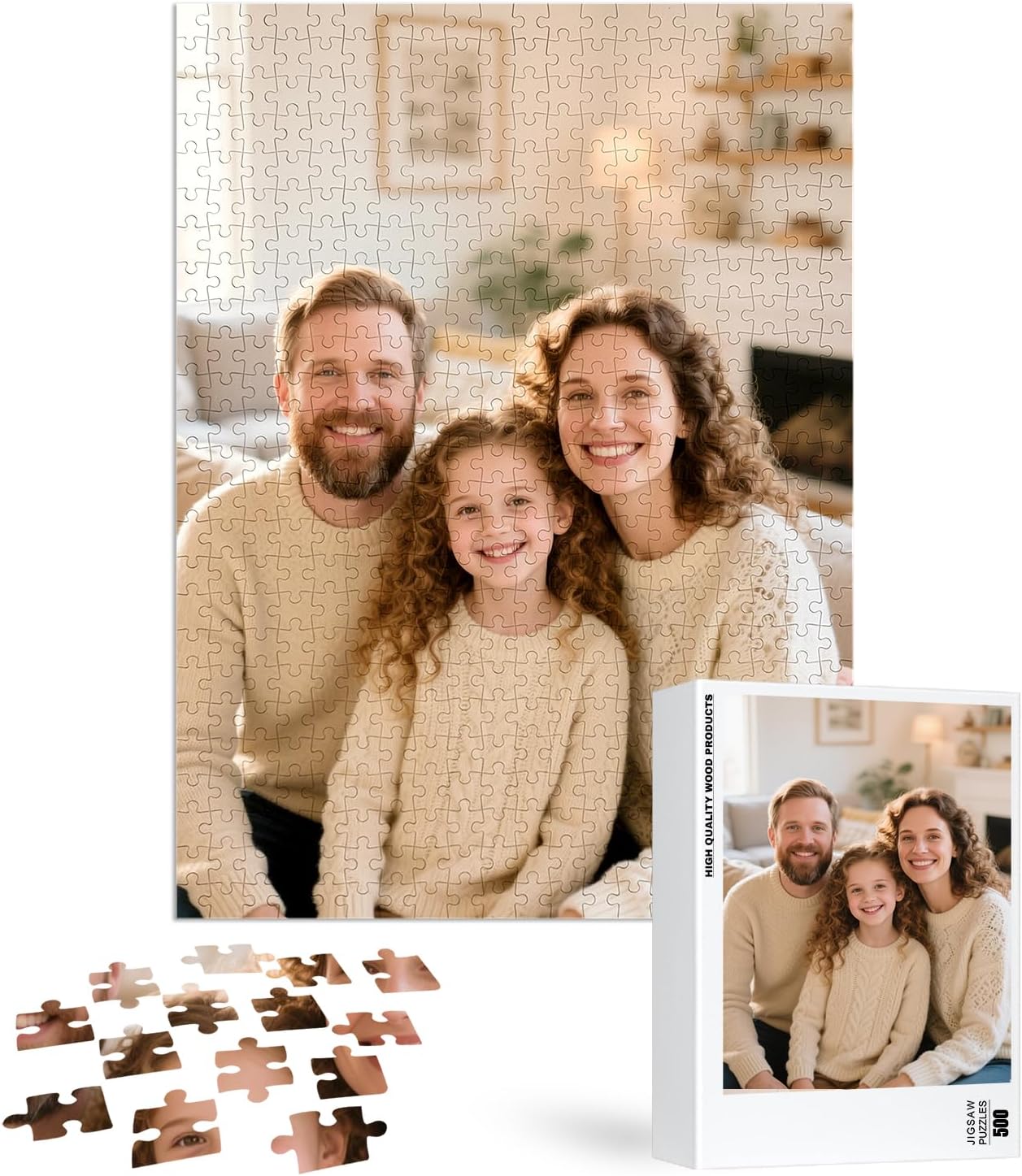 Custom Puzzles from Photos, Personalized Natural Wood Puzzle with 120/200/300/500/1000 Pieces, Customized Jigsaw Create Timeless Memories for Adults, Family, Father's Day, Lover, Pet