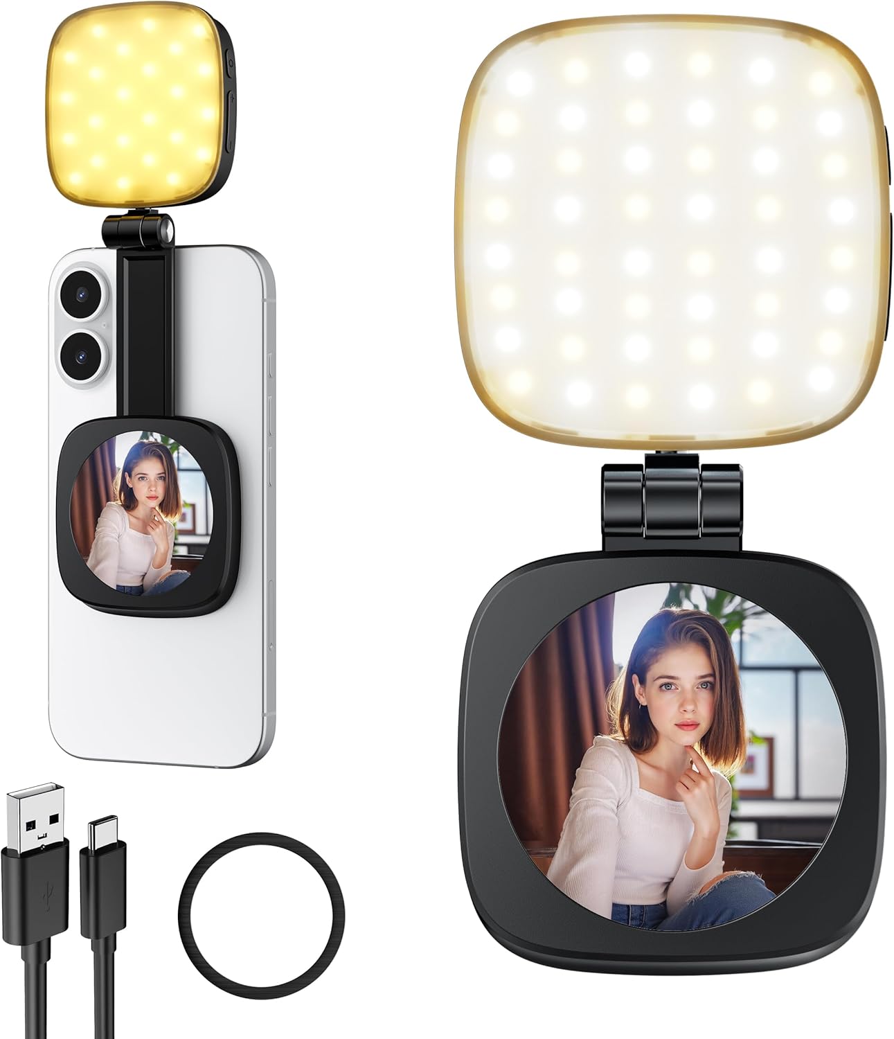 Magnetic Selfie Light for Phone: 5 Led Mode with Mirror Compatible for iPhone & Android - Rechargeable Portable Fill Light for Photography/Video Recording/Conference/Vlog/Makeup (Black)