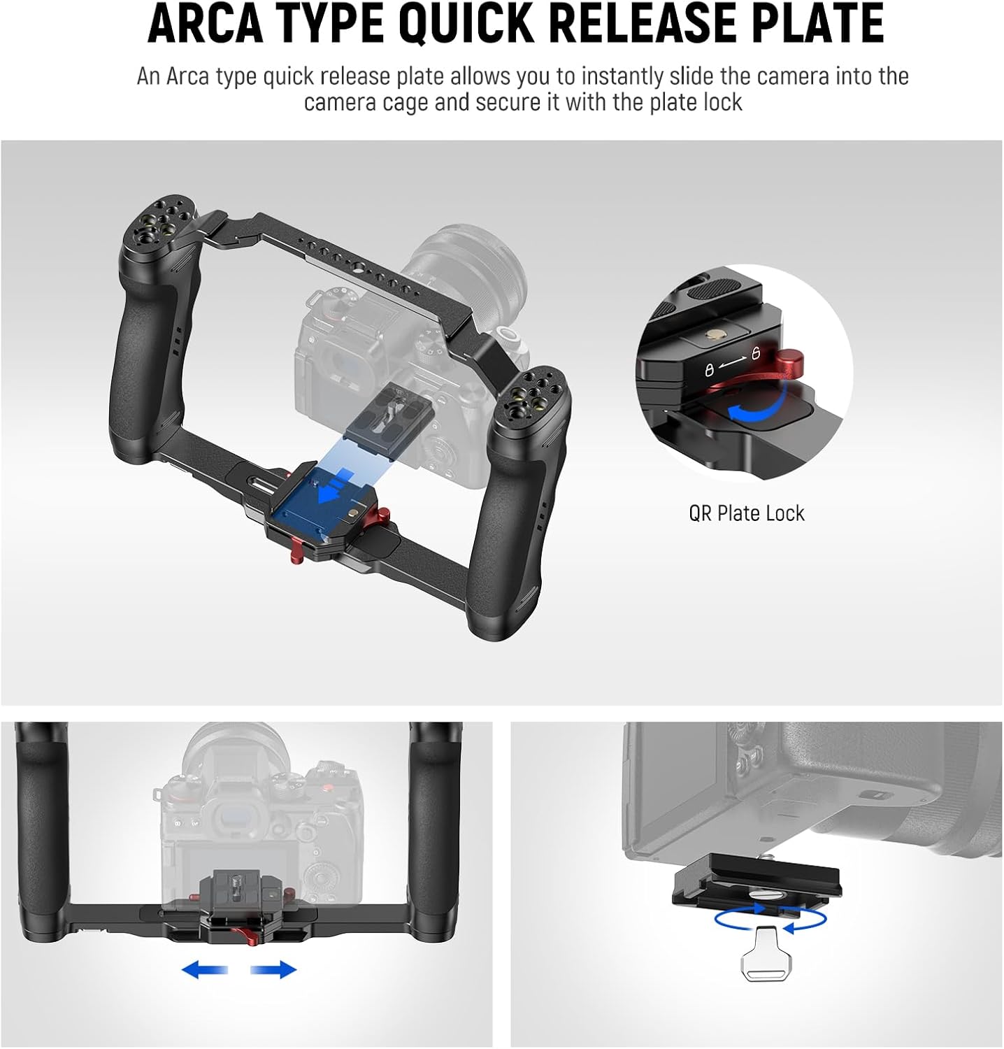 NEEWER Video Camera Cage Rig with Arca Type Quick Release Plate, Double Handles, 3/8" ARRI 1/4" Threads, Cold Shoes, Universal Camera Stabilizer, Compatible with SmallRig NEEWER Base Plate, CA077