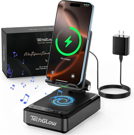 Gifts for Men Women-TechGlow Bluetooth Speaker with Phone Stand and Wireless Charger Compatible with iPhone 16 15 14 13 Pro XS 8 Plus Samsung Galaxy S25 S24 S23 Note 20 Birthday Gift Idea for Mom Dad