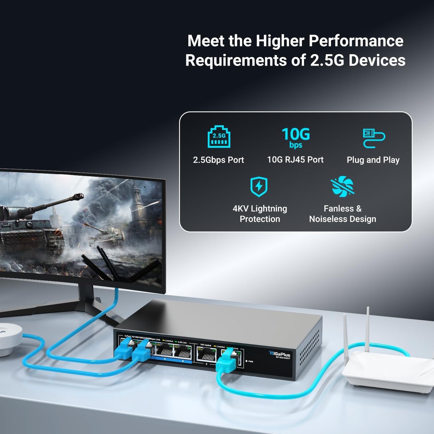 6 Ports 10Gb Unmanaged Ethernet Switch with 4*2.5G Base-T Ports, 2*10G RJ45 Ports. 60Gbps Switching Capacity, GiGaPlus 10Gbps Network Switch for 2.5G/10Gbps NAS/PC, WiFi6 Router, Wireless AP