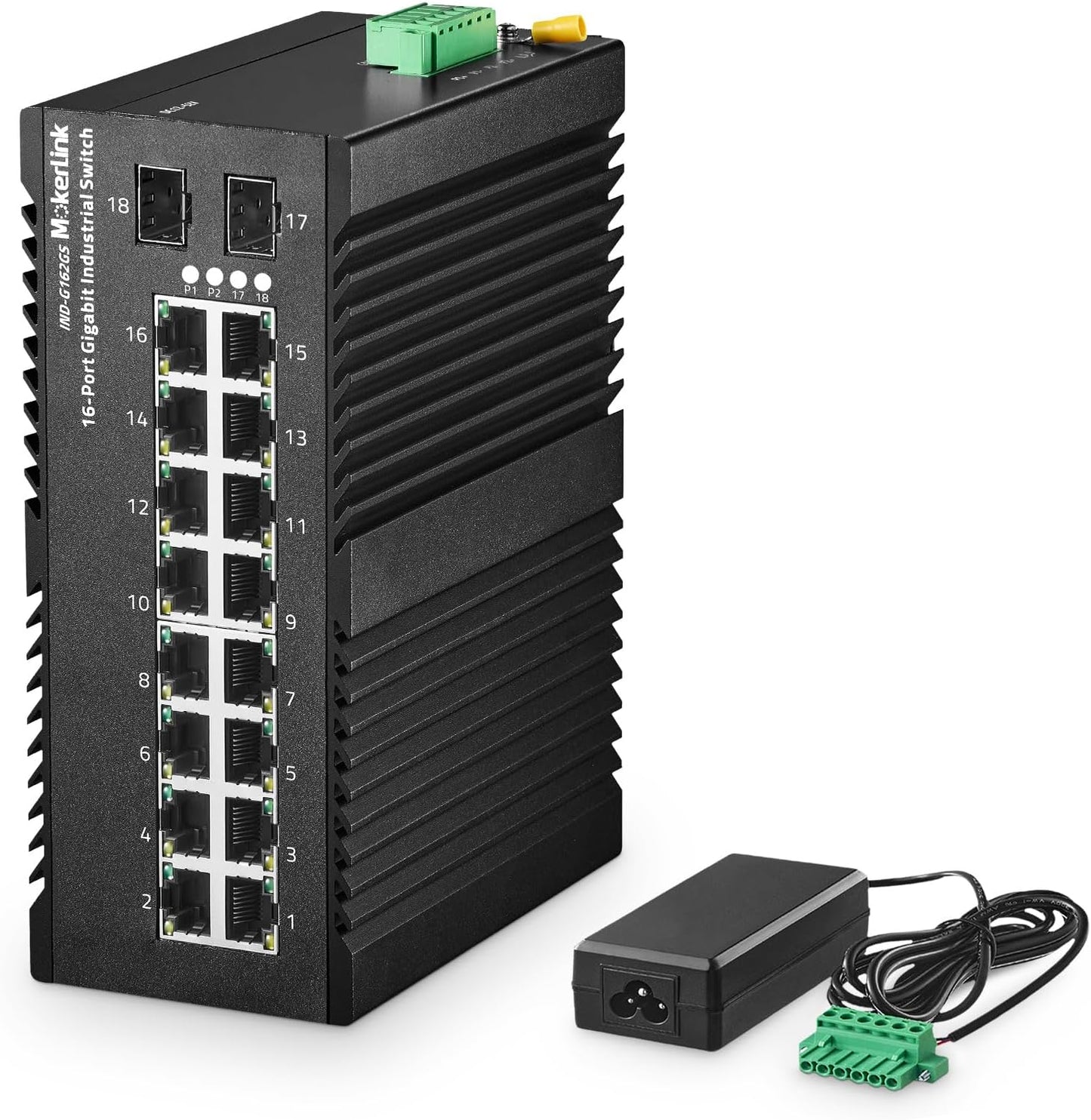 MokerLink 16 Port Gigabit Industrial DIN-Rail Ethernet Switch, 2 Gigabit SFP Ports, Unmanaged IP40 Network Switch (-40 to 185°F), with Power Supply