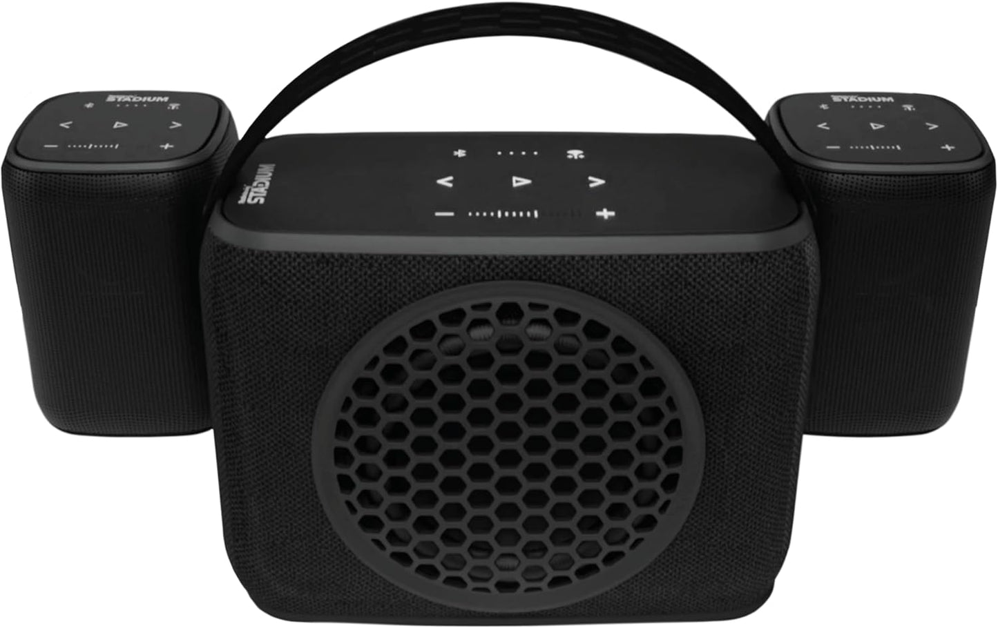 Rocksteady Stadium 2: Two Speakers and One Subwoofer 2.1 Bundle - Immersive, connectible, and up to 150 ft of Range. Up to 30 Hours of Battery Life.