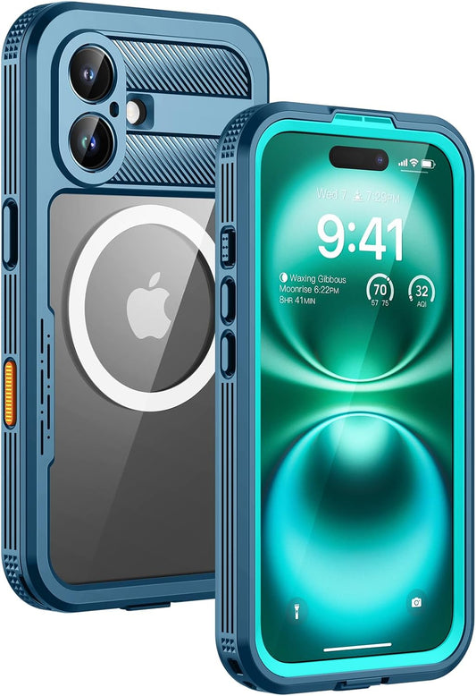 Lanhiem Magnetic for iPhone 16 Plus Case, IP68 Waterproof Dustproof Case, [Compatible with Magsafe] [Built-in Screen Protector] Full Body Heavy Duty Rugged Phone Cover 6.7 inch, Blue/Clear