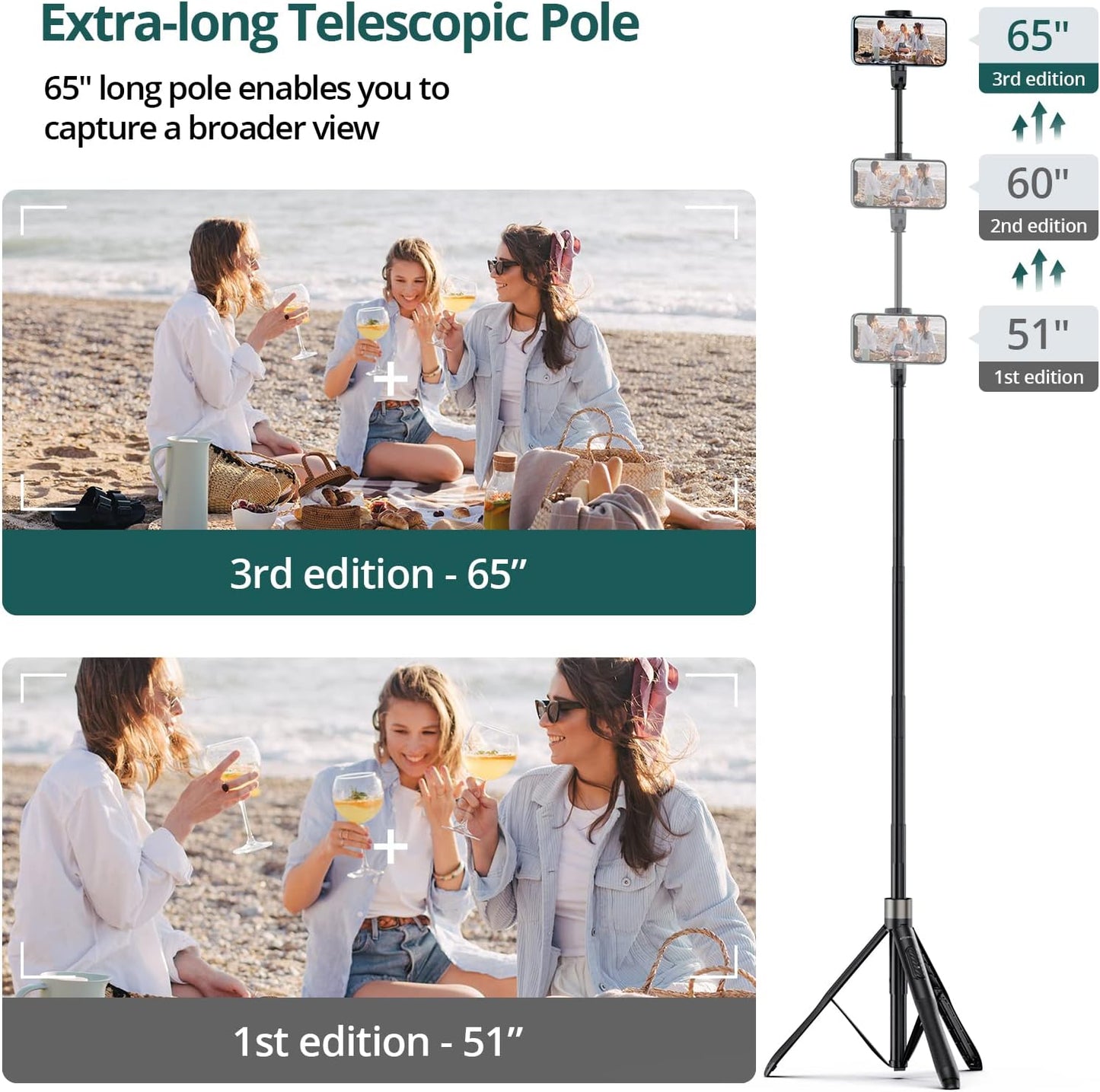 ATUMTEK 65" Selfie Stick Tripod, All in One Extendable Phone Tripod Stand with Bluetooth Remote 360° Rotation for iPhone and Android Phone Selfies, Video Recording, Vlogging, Live Streaming, Black