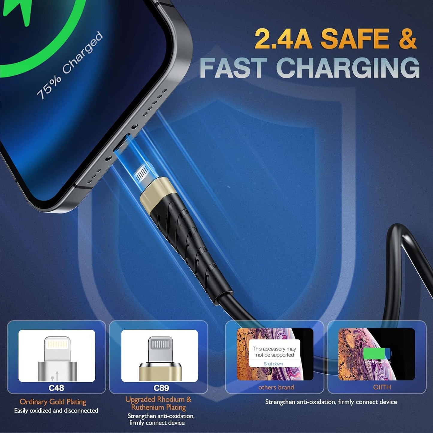 OIITH MFi Certified Short for iPhone Charger Cable 3 Pack 1 Ft, 12 inch for Lightning Charging Cord, Fast 2.4A for iPhone Data Cord Compatible with iPhone12/11/XS/Max/XR/X/8/8P/7P/6/iPad - Gold