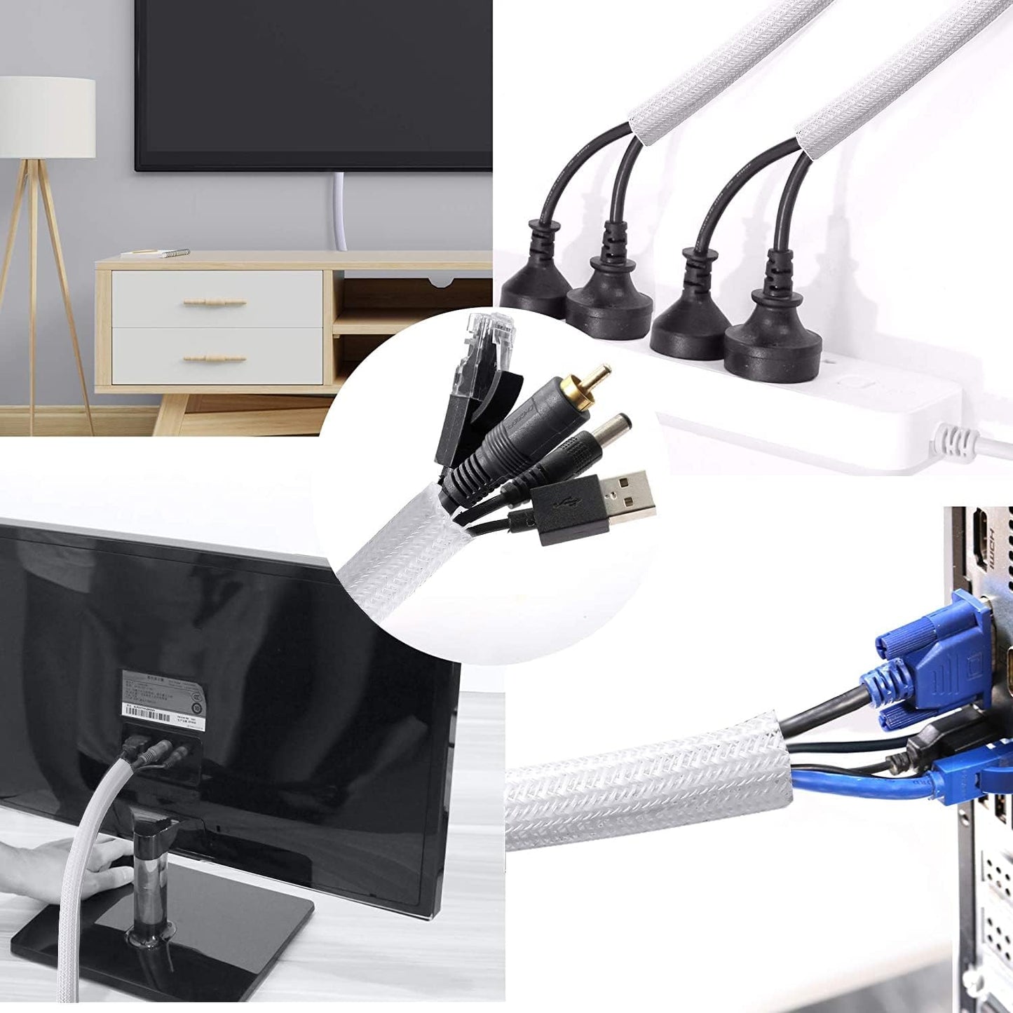 CrocSee 25ft - 3/4 inch Braided Cable Management Sleeve Cord Protector - Self-Wrapping Split Wire Loom for TV/Computer/Home Theater/Engine Bay - White