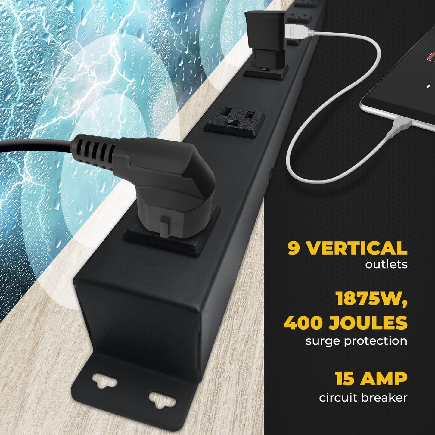 9 Black Verticle Outlets 6 Feet Power Cord Heavy Duty Metal Surge Protector Power Strip