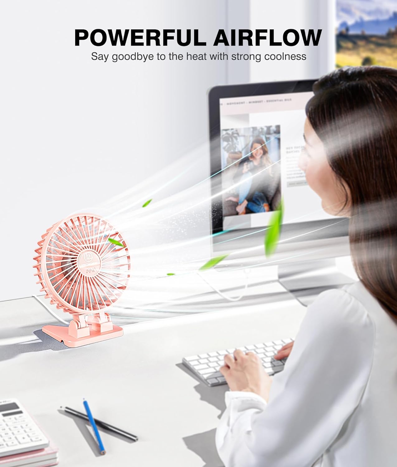 JZCreater USB Desk Fan, Portable Mini Fan, 3 Speeds Desktop Table Cooling, Plug in Power, Rotation Strong Wind, Quiet Personal Small Fan for Home Desktop Office Travel Bedroom, Pink