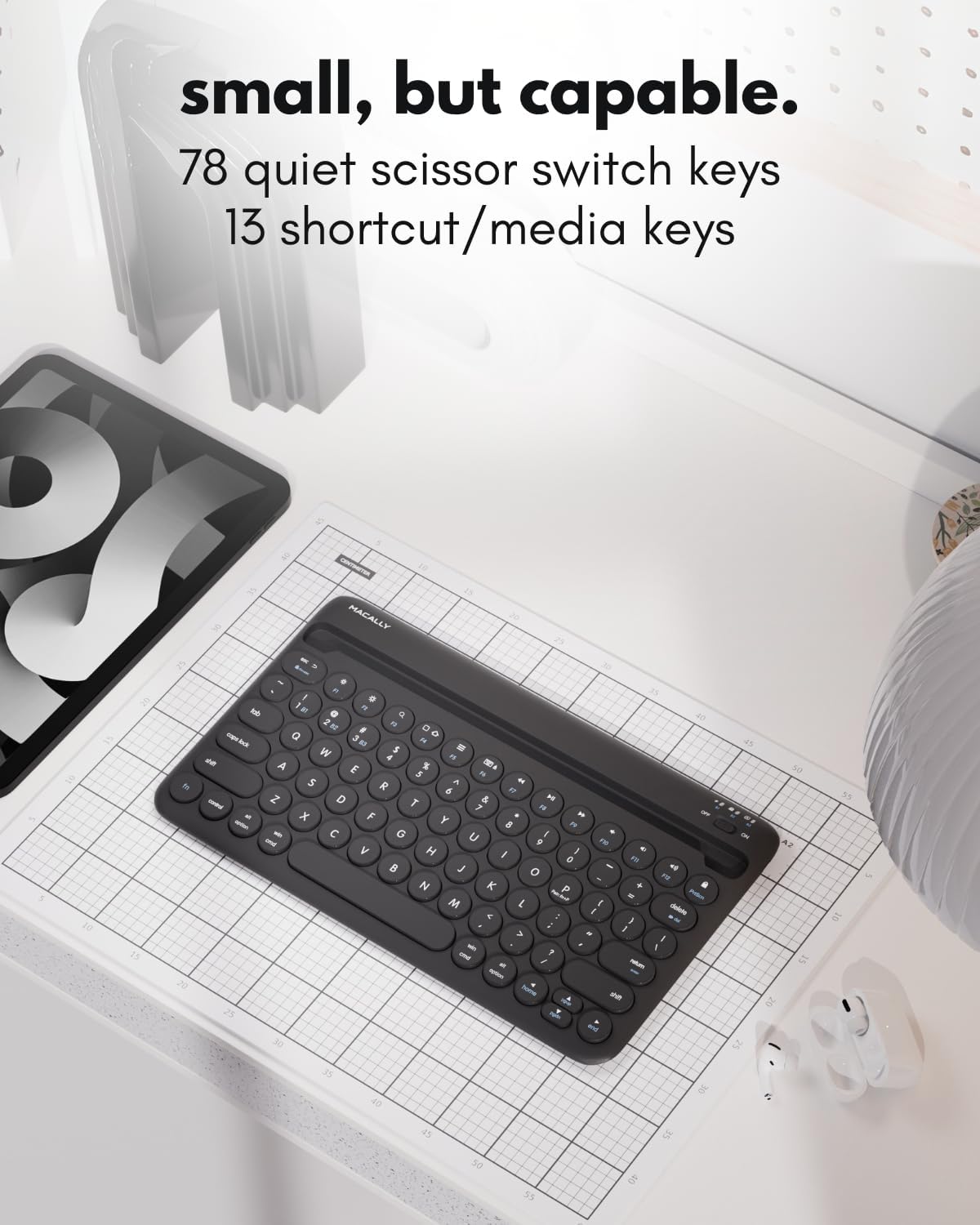 Macally Bluetooth Keyboard for Tablet | Wireless Keyboard for iPad mini/Air/Mini, iPhone (Multi-Device, Built-in Stand, Rechargeable) Easy to Use and Cute Portable