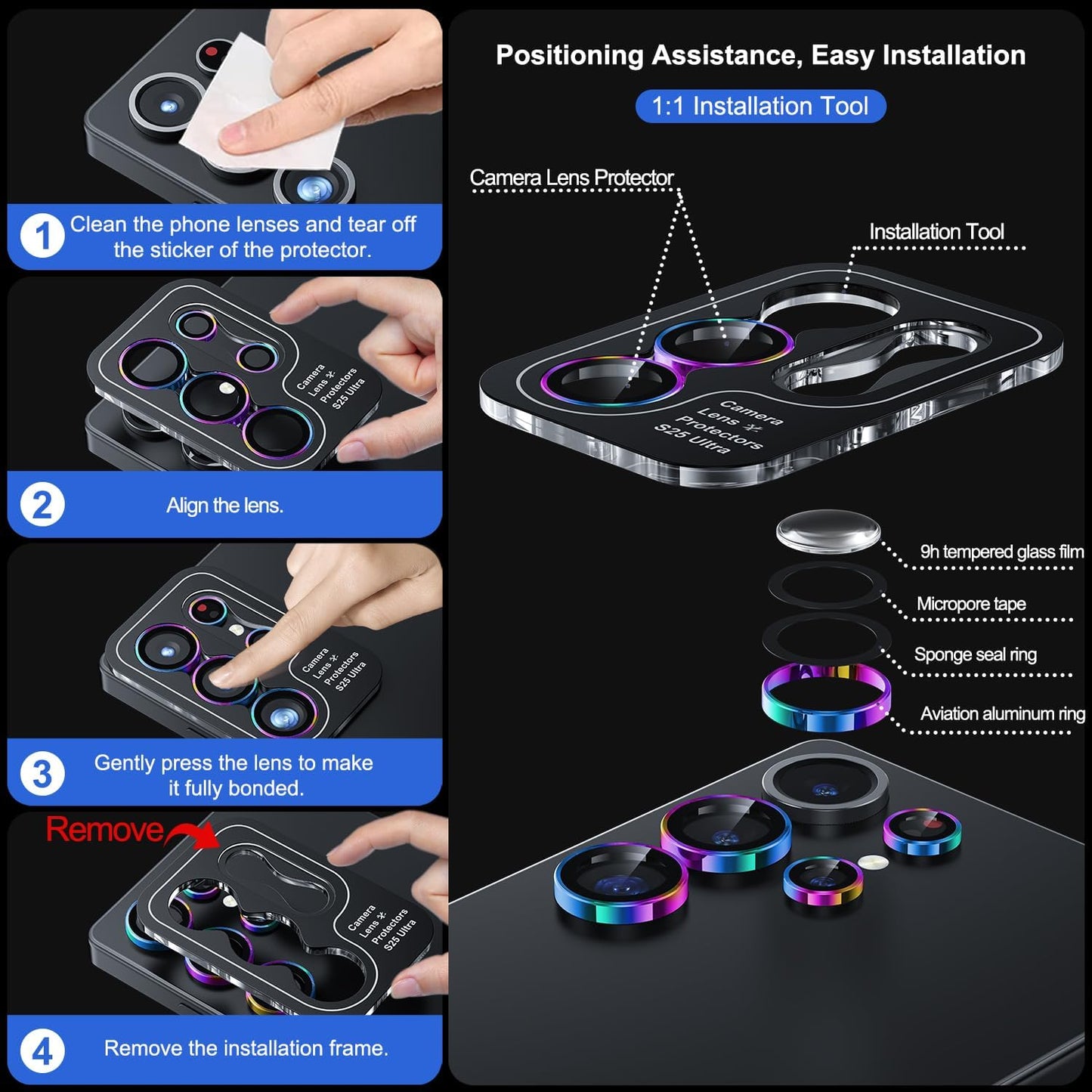 WSKEN for Samsung Galaxy S25 Ultra Camera Lens Protector - Ultra Thin Case Friendly, 9H Shatterproof Tempered Glass with Aluminum Metal Circle Camera Screen Protector Cover Accessories, Colorful