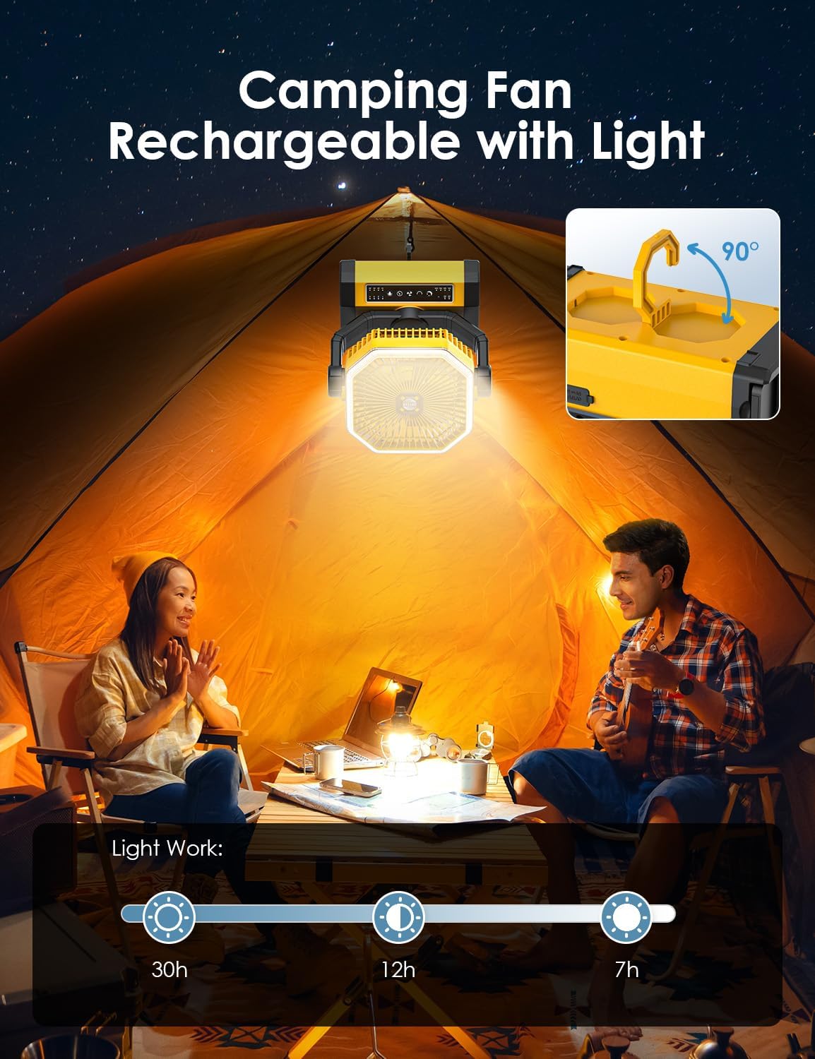 Battery Powered Fan - 9-Inch Rechargeable Fan Portable, 10000mAh(30Hrs) Camping Fan for Tent, Auto Oscillation Cordless Fan, Tent Fan for Camping with Remote/light, 4 Speeds, 4 Timing, Outdoor