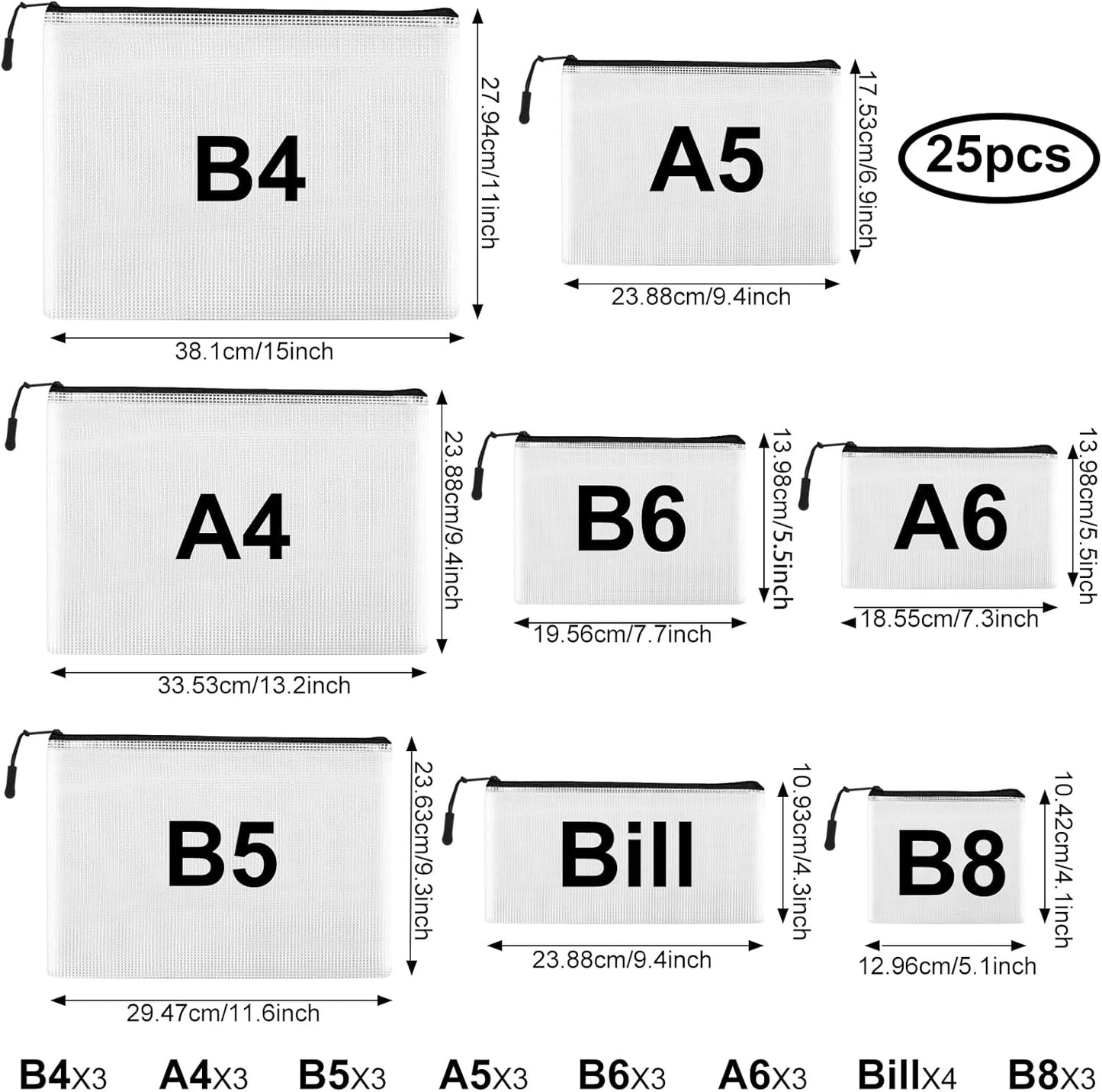 25pcs Multisize Mesh Zipper Pouch Bags, Waterproof Zipper Bag, 8 Sizes Waterproof Plastic Document Pouch, Bags for Travel Storage, Office Supply and Home Organize