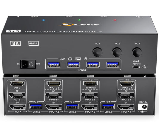 KVM Switch 3 Monitors 3 Computers 8K@60Hz, MLEEDA HDMI + 2* Displayport Triple Monitor KVM Switch,3 Monitor KVM with 4 USB 3.0 Ports for Keyboard Mouse Printer, Wired Remote and Power Adapter Included