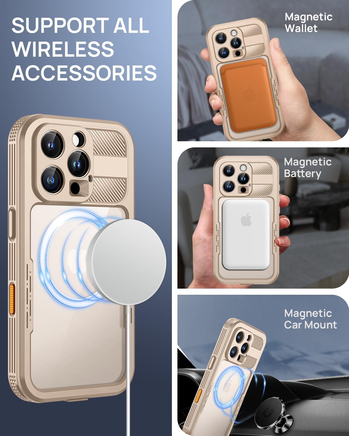 Lanhiem Magnetic for iPhone 16 Pro Case, IP68 Waterproof Dustproof Case, [Compatible with Magsafe] [Built-in Screen Protector] Full Body Heavy Duty Rugged Phone Cover 6.3 inch, Desert
