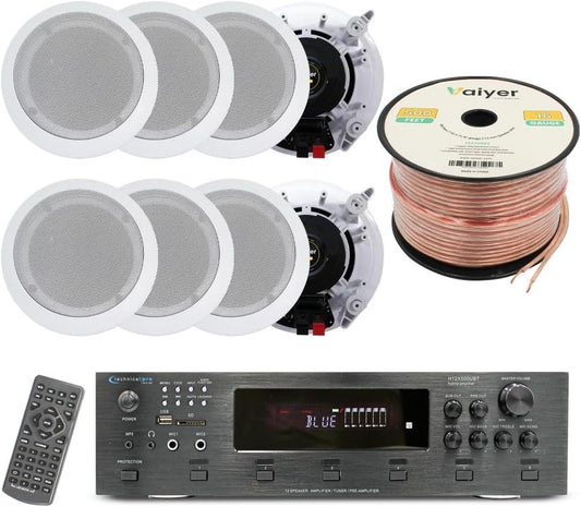 Vaiyer Home Audio System Kit, 6-Channel 6000 Watts Bluetooth Amplifier with 6.5" 8 QTY of 200 W Each in-Wall in-Ceiling Speakers & 16AWG 500 ft. Speaker Wire Perfect for Home, Office, Restaurants, Bar