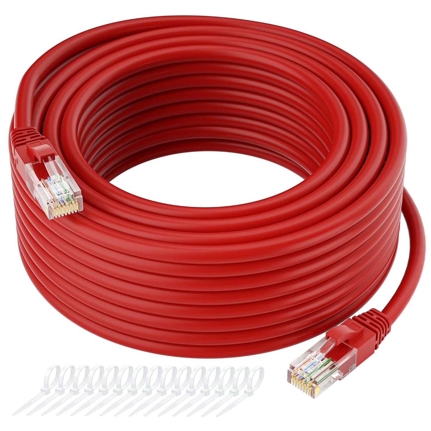Cat5e Ethernet Cable 100 FT, Cat 5e Internet Cable, Red Snagless Patch Cord, Flexible, Network, LAN, PoE, Standard RJ45 Connector for PC, Server, Router, Modem, TV, PS5 - with 15 Cable Ties