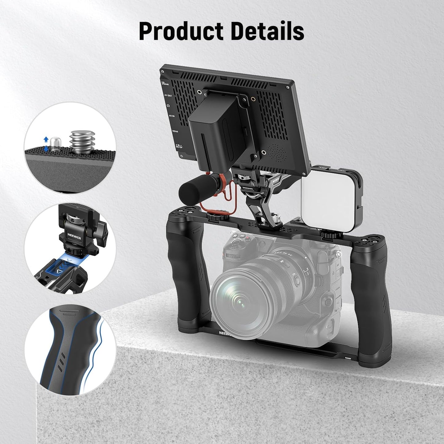 NEEWER Universal Camera Cage with Top Handle & Cold Shoe Monitor Mount, Arca Type Camera Gimbal Stabilizer Video Rig, Dual Handgrips & 3/8" for ARRI Compatible with SmallRig Accessories, CA016T+MA006