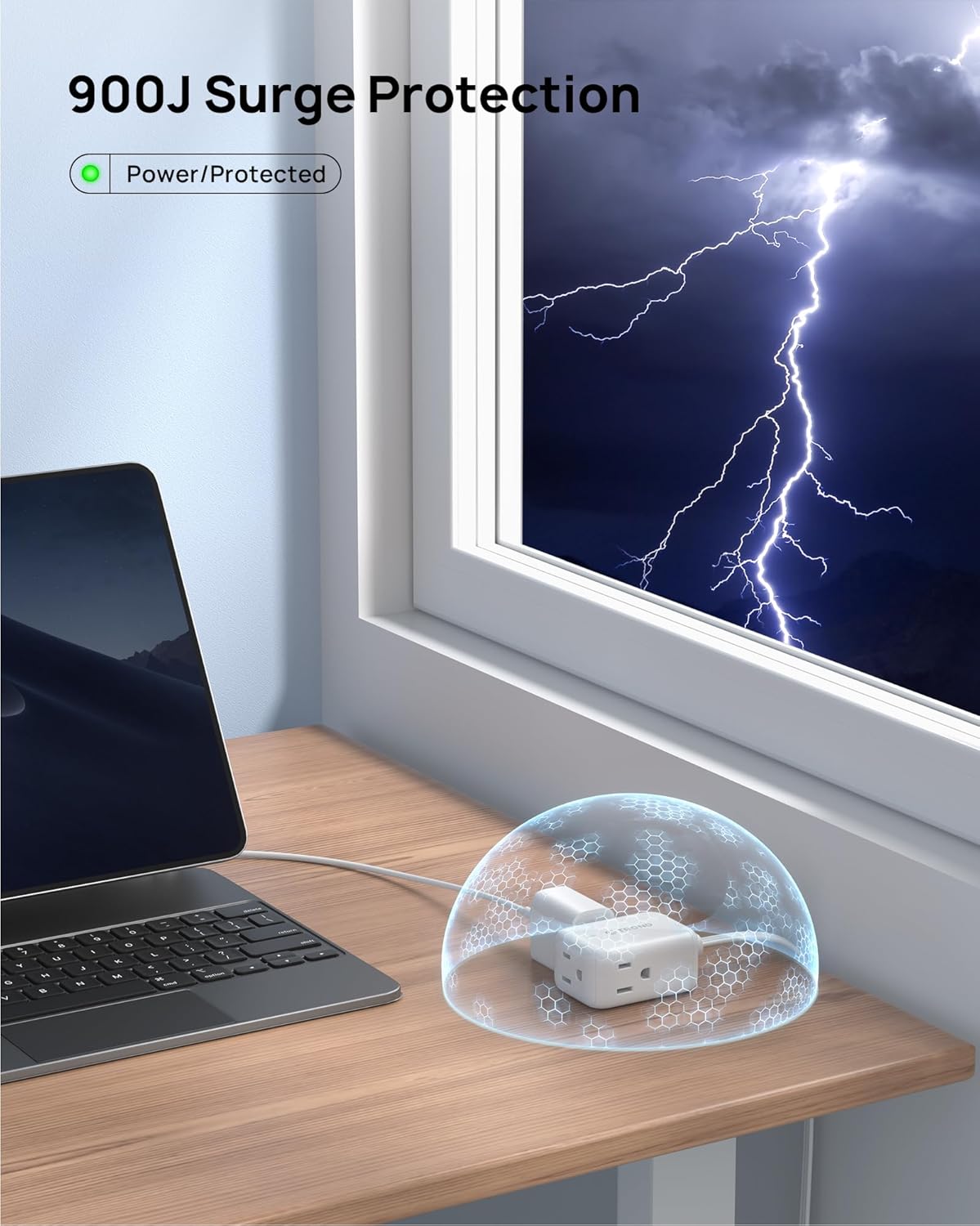 TROND 360° Rotating Flat Plug Extension Cord Surge Protector 3ft, Small Power Strip with 900 Joules, Three Side Grounded Outlets, 13A, 16 Gauge Wire, for Indoor Home Office Dorm Room Travel, White