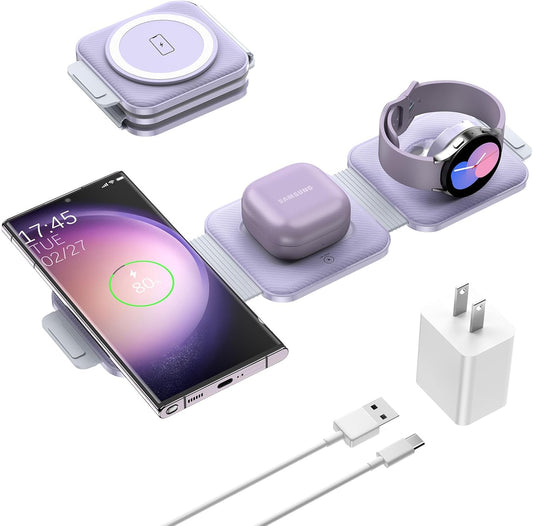 Travel Charger for Samsung Multi Devices, Foldable 3 in 1 Wireless Charging Station Fast Charging Stand/Pad Compatible for Samsung Galaxy S25/S24/S23/S22/S21/Note20 Galaxy Watch8/7/6/5/4/Galaxy Buds4