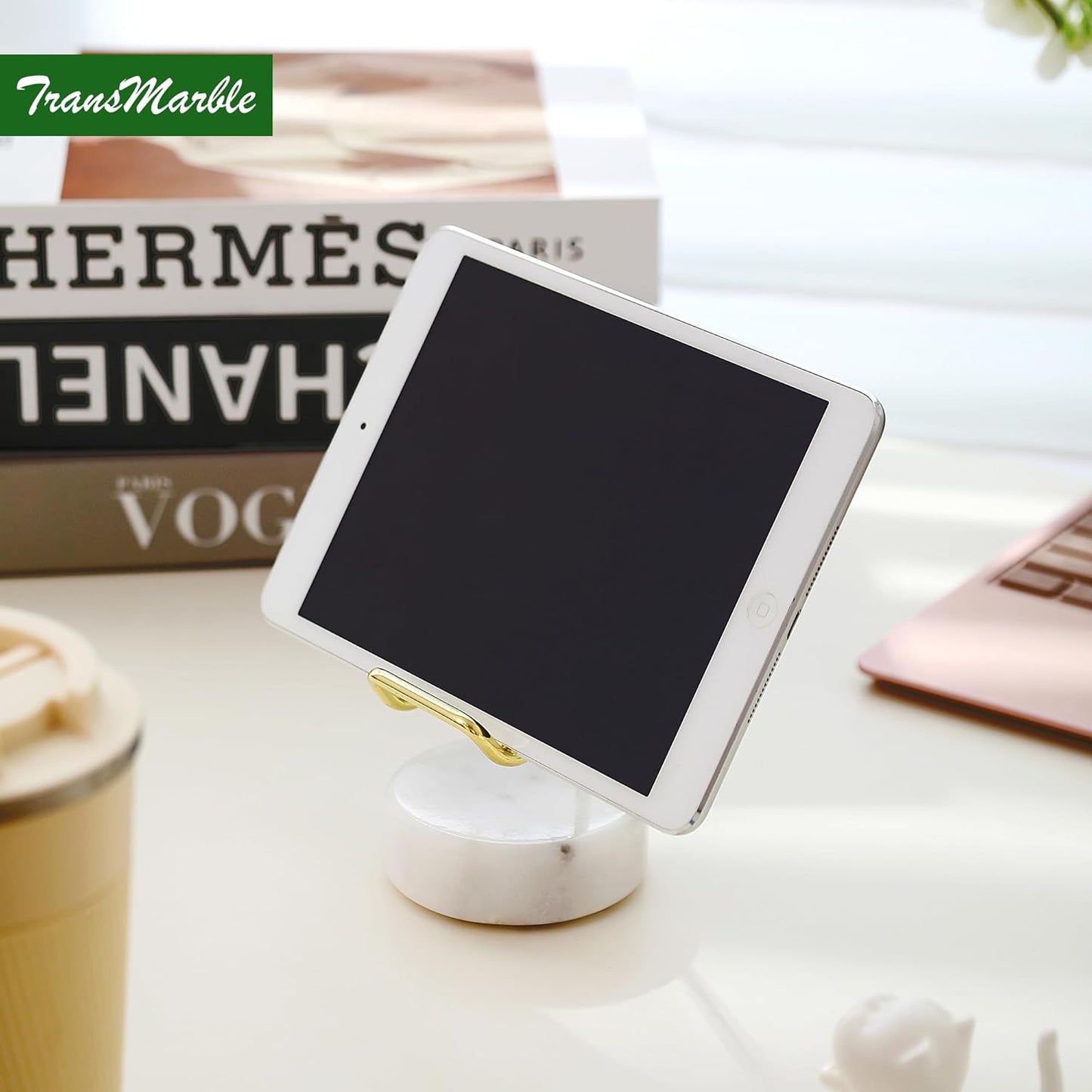 Marble Phone Stand with Metal Holder, Charging Available While Using, Swipe Up to Unlock, Made of Natural Marble as Business Card Holder for Office Desk (Starry White + Gold)