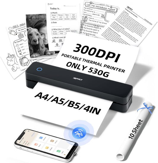 Portable Thermal Printer for Travel - 300DPI Mobile Inkless Printers, Wireless Small Printer for Home Use, Office, Vehicles, Bluetooth Printers Supports 8.5" x 11" US Letter & A4 & A5 Size, Black