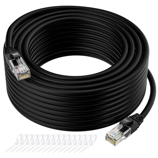 Cat5e Ethernet Cable 50 FT, Long Cat 5e Internet Cable, Black Snagless Patch Cord, Flexible, Network, LAN, PoE, Standard RJ45 Connector for PC, Server, Router, Modem, TV, PS5 - with 15 Cable Ties