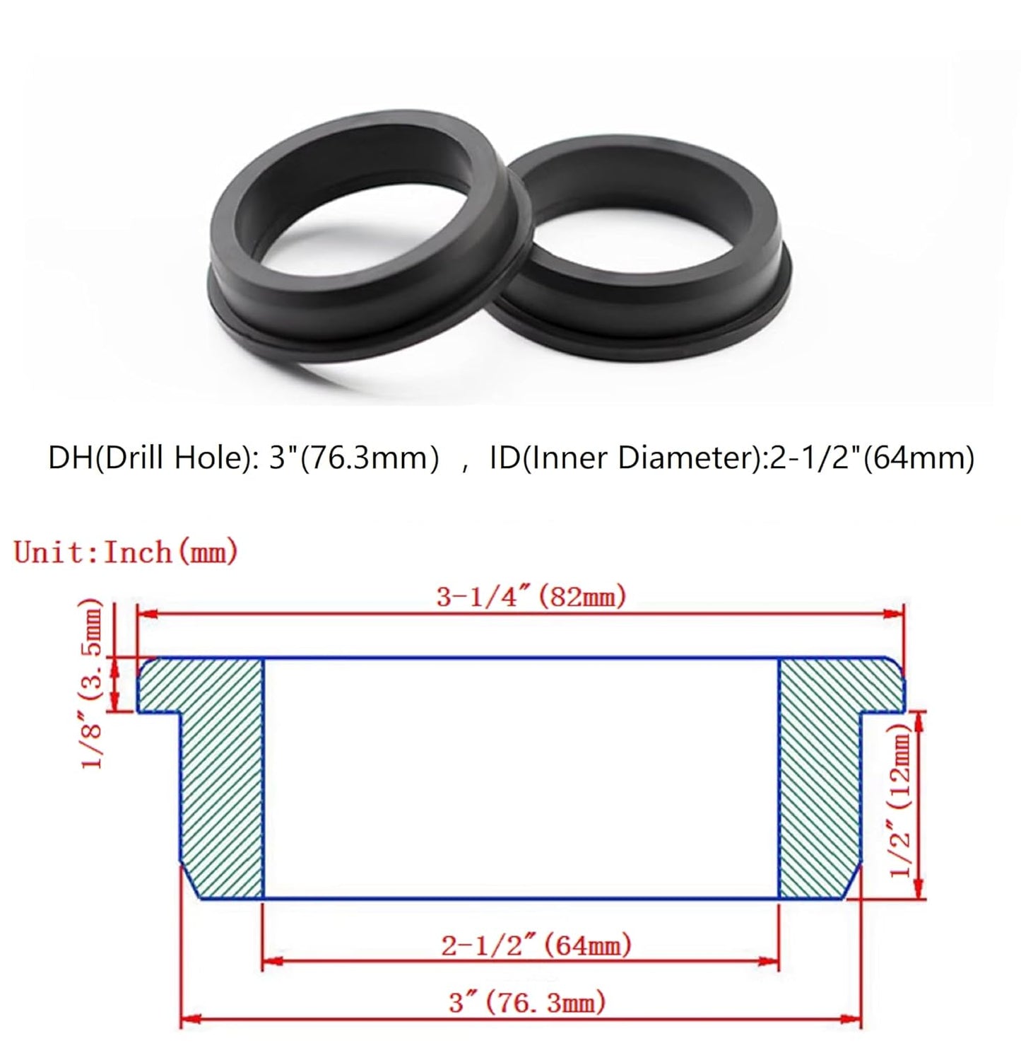 2 pcs 3" Drill Hole，2-1/2" ID Black Silicone Top hat Rubber Grommets for Wiring，Automotive，Firewall，Hole Plug，Desk，Screw，Water and Gas Pipe，Drain，House Siding，Cable Bushing，Glass，Wire Plug