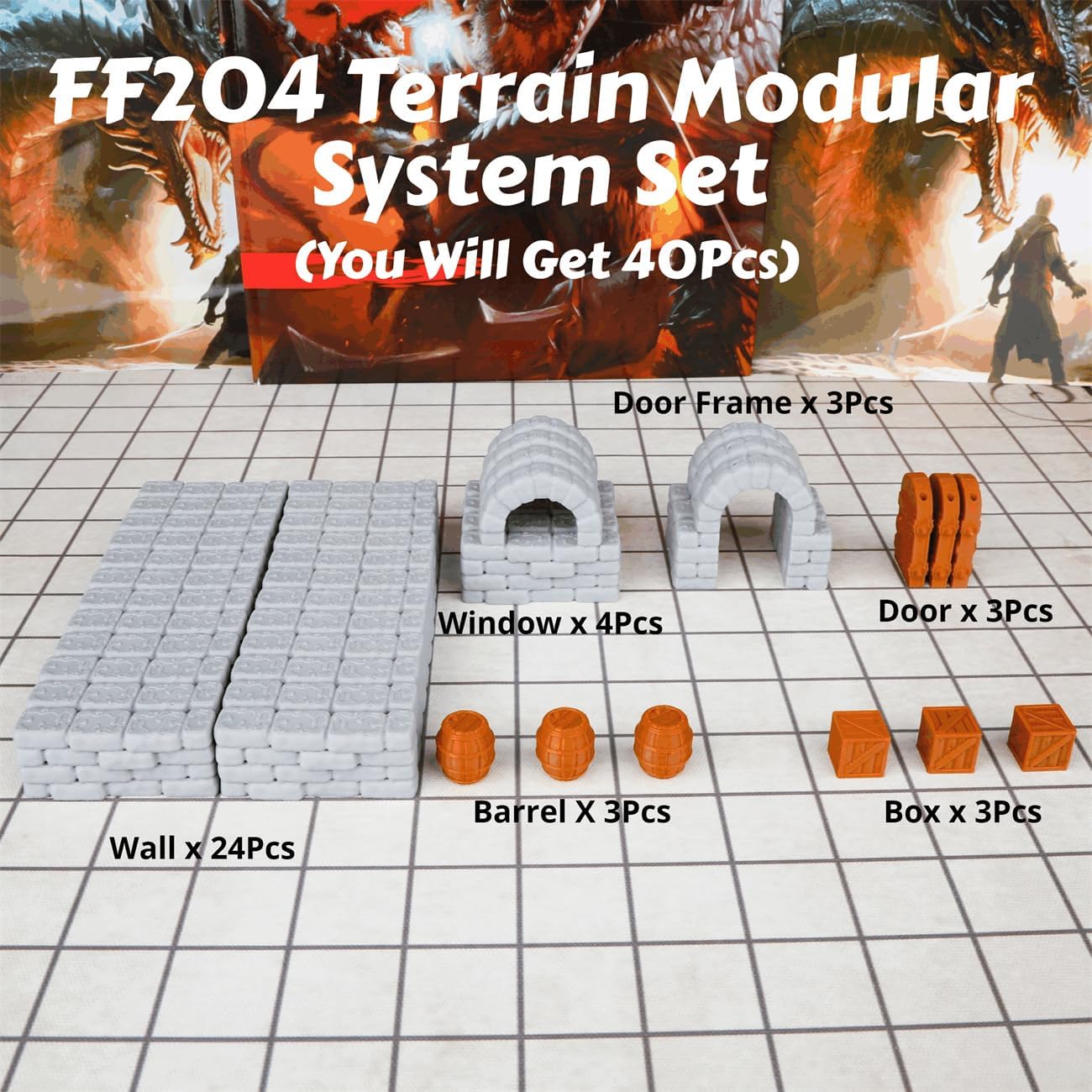 Dungeon Walls 40pcs 28mm Miniature RPG Modular System DND Terrain Building Accessories for Tabletop Role Playing Scenes, Gift of Christmas Halloween for DM