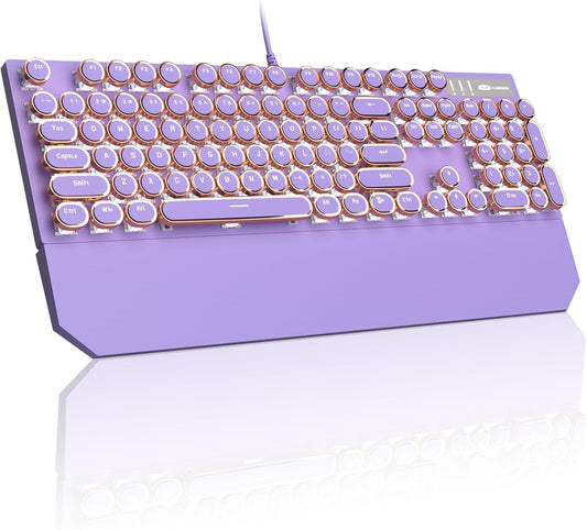 MageGee Typewriter Mechanical Gaming Keyboard, Retro Punk Purple Round Keycaps, 104 Keys LED White Backlit Wired Keyboards for Laptop MAC PC Gamer, with Magnetic Wrist Rest, Blue Switch
