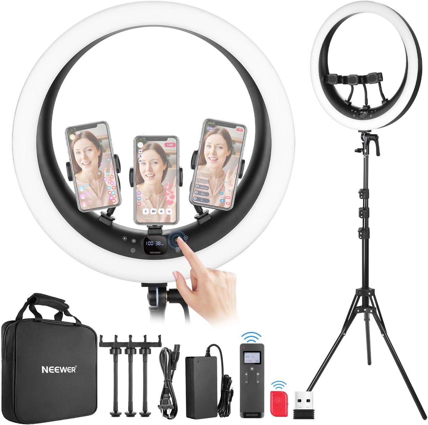 NEEWER 19 inch 2.4G Ring Light with Stand, 3 Phone Holders, 2.4G USB Transmitter for Mac/PC Remote Control, Touch Panel, Smooth Dimming at 1%, 3200K-5600K for Selfie TikTok Live Streaming Zoom, RP19H
