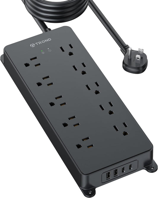 TROND Power Strip Surge Protector, Flat Plug 15ft Long Extension Cord, 10 Widely Spaced AC Outlets, 2 USB A & 2 USB C Ports, 4000J, ETL Listed, Wall Mountable, for Home Office Entertainment, Black