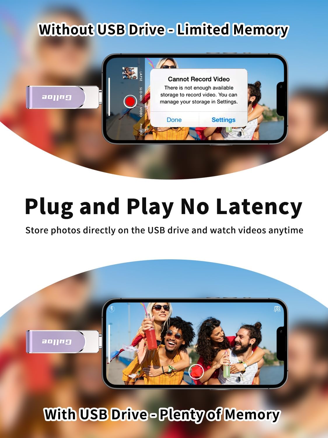 Gulloe 256GB Flash Drive Intended for iPhone, Memory Stick Storage for Photos and Videos Backup, Compatible with iPhone iPad Android PC, Plug and Play, No Application Required (Purple)