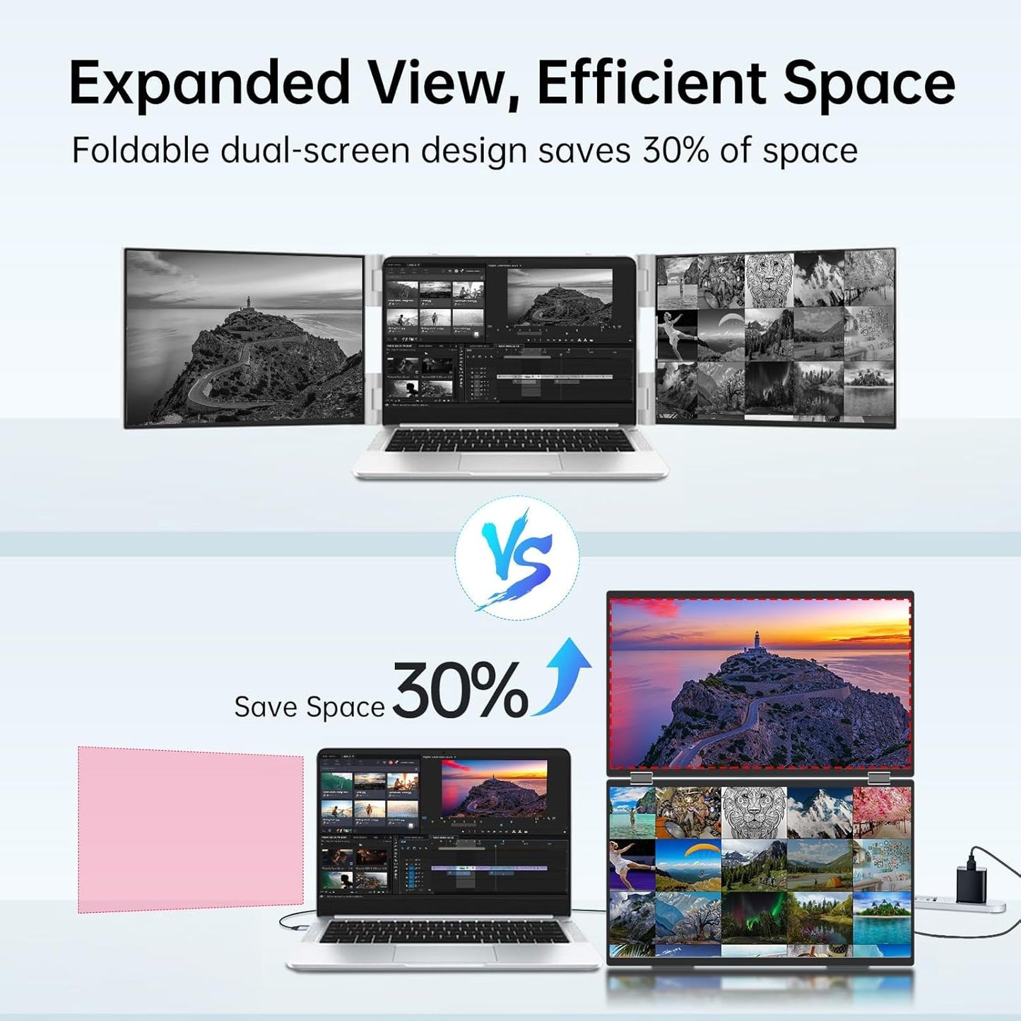 InnoView 15.6" Dual Portable Monitor 1920x1080P FHD 315°Adjustable Dual Stacked Foldable Monitor Built-in Speakers Screen Extender with HDMI/USB-C for Laptop Windows Mac