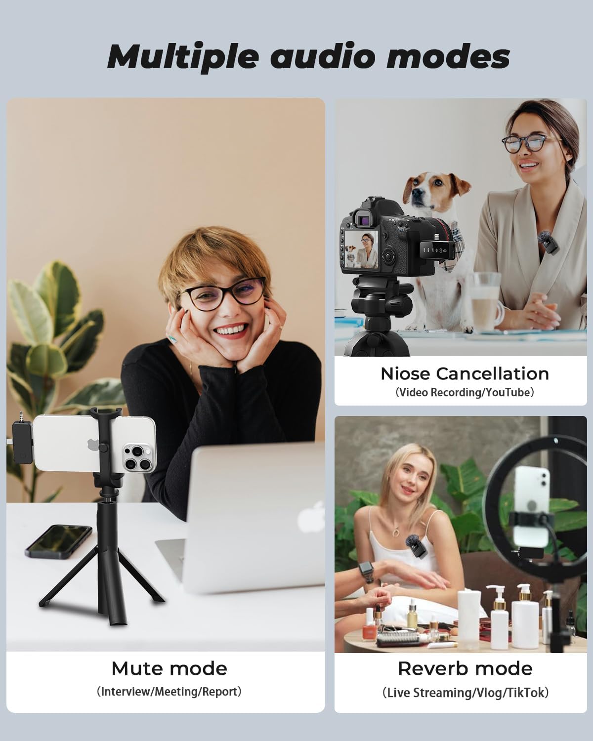 3-in-1 Mini Microphone for iPhone, Android, Camera - 328ft Long Range, 20H Battery Life, Wireless Microphones, Lapel Mic with AI Noise Reduction for Video Recording, YouTube, TikTok