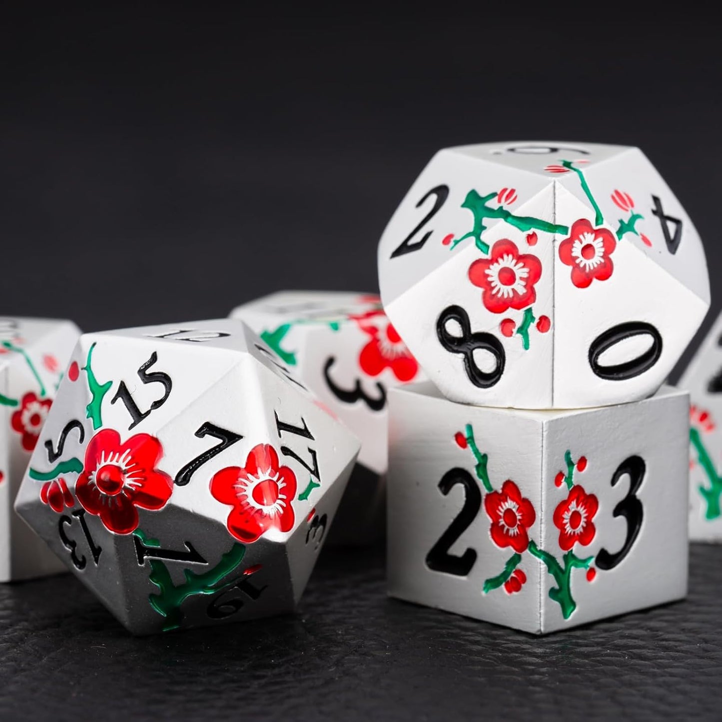 Metal Dice Set D&D, 7 PCS Flower Metal DND Polyhedral Dice Set with Box for Dungeons and Dragon Tabletop Game (Silver-red-Green)