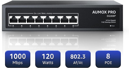 8 Port PoE Switch Gigabit 120W, Gigabit Unmanaged Ethernet Switch, Plug & Play, 802.3af/at Compliant, Metal Housing, 8-Port Network Switch for Home/Office Energy Efficient Silent Operation