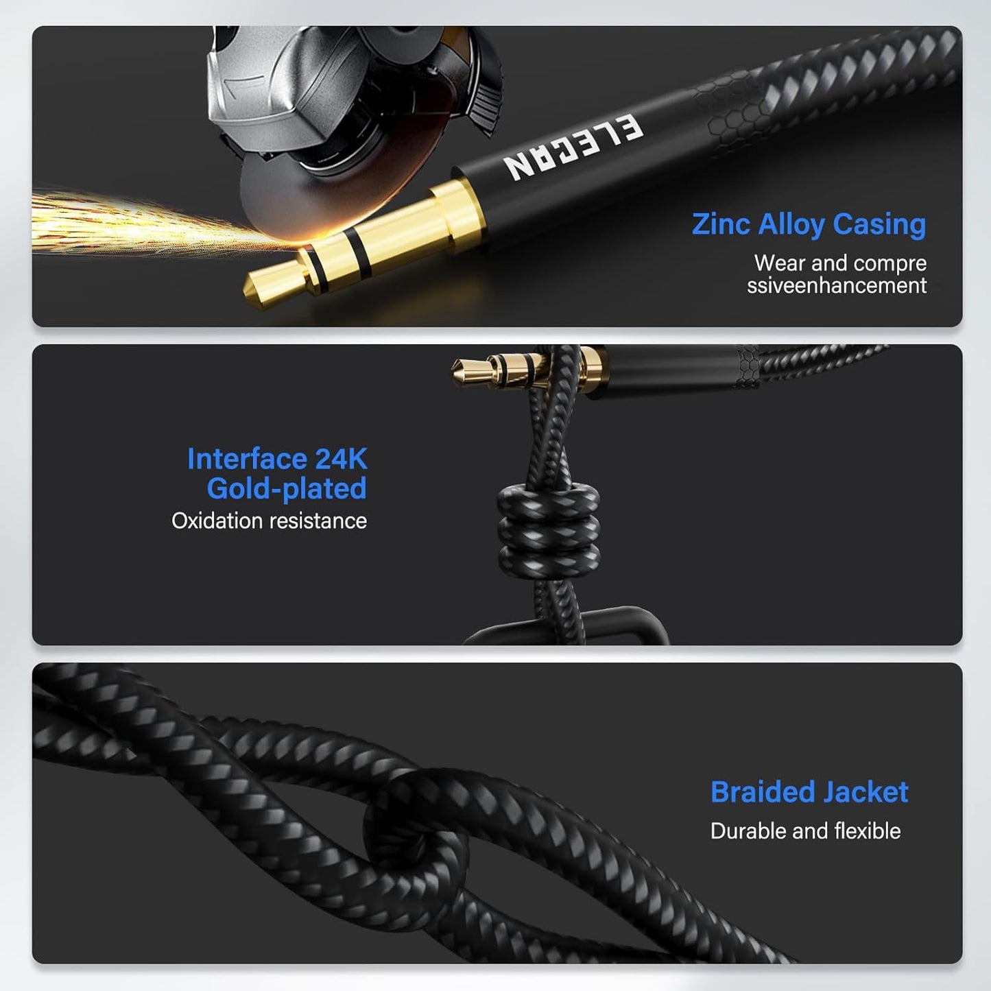 Elecan Headphone Extension Cable 2 Ft/2 Pack, 1/8 Inch 3.5 MM AUX Cord Wire Male to Female, Hi-Fi Sound Thin&Slim Braided TRS Stereo Audio Beats Cable Extender for Car,Home Stereos, Speaker,Phones